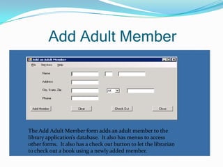 Code Sampleprivate void checkInButton_Click            (object sender, EventArgs e)        {            try            {                DialogResult dr = CheckCheckIn();                if(dr.Equals(DialogResult.Yes))                {                    bl.CheckIn(int.Parse                        (isbnTextBox.Text), short.Parse                        (copyTextBox.Text));                }            }            catch(LibraryException)            {                errorLabel.Visible = true;                errorLabel.Text= "Item is not checked"+                    " out";            }Cont…