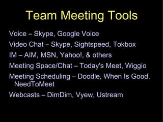 Team Meeting Tools Voice – Skype, Google Voice Video Chat – Skype, Sightspeed, Tokbox IM – AIM, MSN, Yahoo!, & others Meeting Space/Chat – Today's Meet, Wiggio Meeting Scheduling – Doodle, When Is Good, NeedToMeet Webcasts – DimDim, Vyew, Ustream 