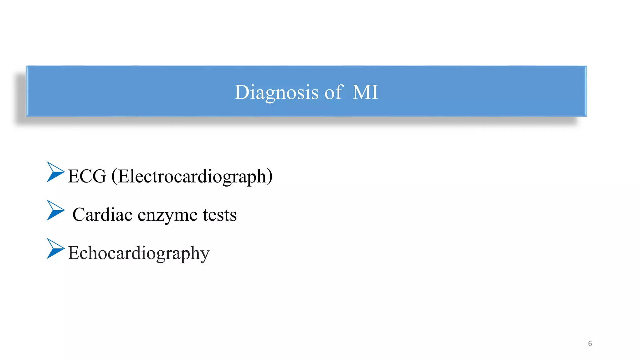 ECG (Electrocardiograph)
 Cardiac enzyme tests
Echocardiography
Diagnosis of MI
6
 