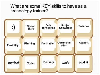 What are some KEY skills to have as a technology trainer? Flexibility Social Skills Self-confidence Planning Facilitation Delivery Subject Knowledge Communication Respect Patience 
