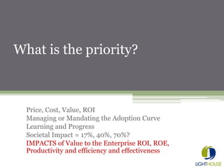 What is the priority?
Price, Cost, Value, ROI
Managing or Mandating the Adoption Curve
Learning and Progress
Societal Impact = 17%, 40%, 70%?
IMPACTS of Value to the Enterprise ROI, ROE,
Productivity and efficiency and effectiveness
 