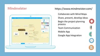 Mindmeister
Collaborate with Mind Maps
Share, present, develop ideas
Begin the project planning
process
Team Communication
Mobile App
Google App Integration
https://www.mindmeister.com/
 