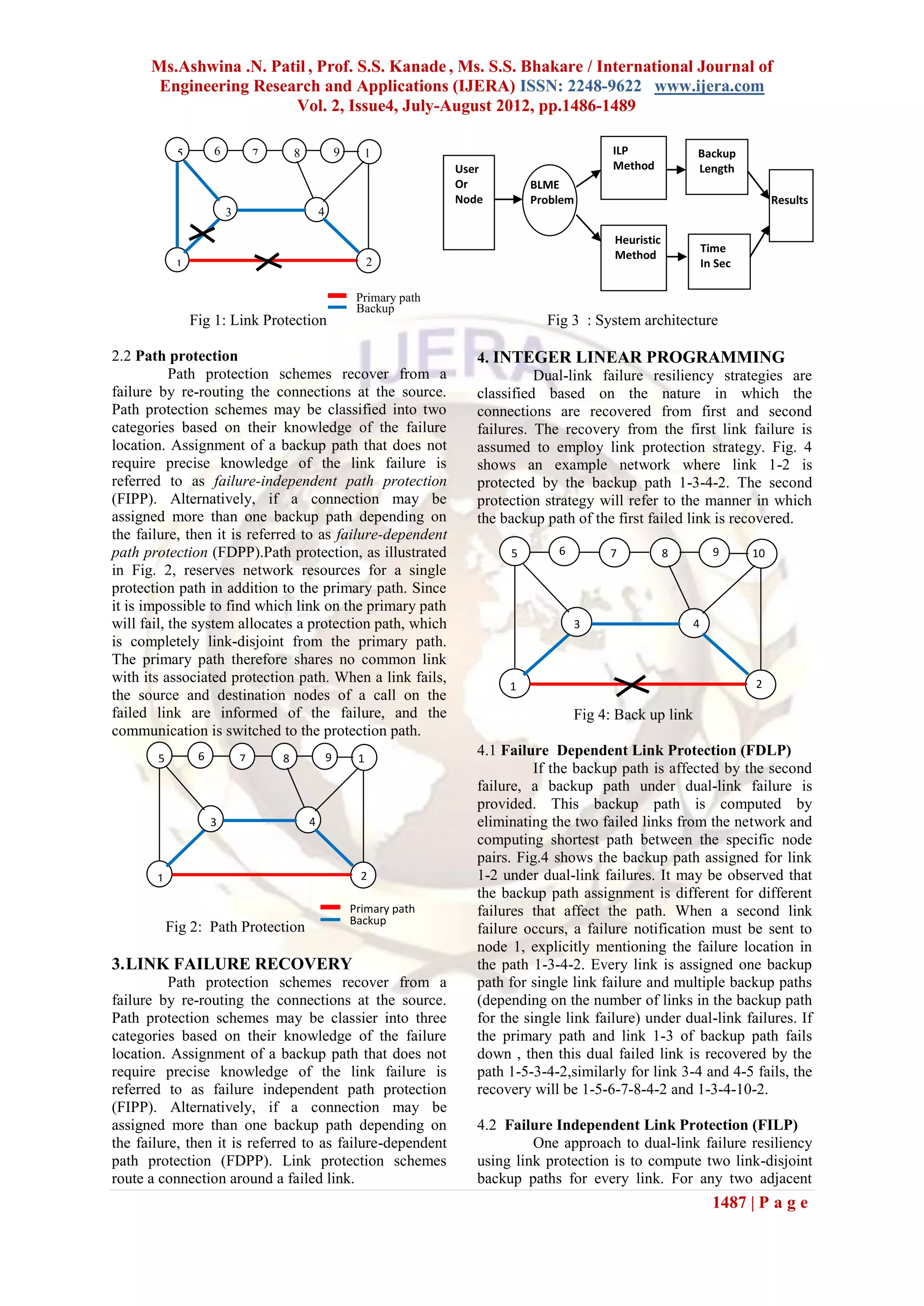 Ms.Ashwina .N. Patil , Prof. S.S. Kanade , Ms. S.S. Bhakare / International Journal of
       Engineering Research and Applications (IJERA) ISSN: 2248-9622 www.ijera.com
                        Vol. 2, Issue4, July-August 2012, pp.1486-1489

            5        6           7       8               9     1                                       ILP             Backup
                                                               0             User                      Method          Length
                                                                             Or          BLME
                                                                             Node        Problem                                         Results
                         3                       4

                                                                                                       Heuristic
                                                                                                                           Time
                                                                                                       Method
            1                                                     2                                                        In Sec

                                                              Primary path
                                                              Backup
                Fig 1: Link Protection                        path                         Fig 3 : System architecture

2.2 Path protection                                                             4. INTEGER LINEAR PROGRAMMING
           Path protection schemes recover from a                                         Dual-link failure resiliency strategies are
failure by re-routing the connections at the source.                            classified based on the nature in which the
Path protection schemes may be classified into two                              connections are recovered from first and second
categories based on their knowledge of the failure                              failures. The recovery from the first link failure is
location. Assignment of a backup path that does not                             assumed to employ link protection strategy. Fig. 4
require precise knowledge of the link failure is                                shows an example network where link 1-2 is
referred to as failure-independent path protection                              protected by the backup path 1-3-4-2. The second
(FIPP). Alternatively, if a connection may be                                   protection strategy will refer to the manner in which
assigned more than one backup path depending on                                 the backup path of the first failed link is recovered.
the failure, then it is referred to as failure-dependent
path protection (FDPP).Path protection, as illustrated                               5       6        7            8         9      10
in Fig. 2, reserves network resources for a single
protection path in addition to the primary path. Since
it is impossible to find which link on the primary path
will fail, the system allocates a protection path, which                                         3                     4
is completely link-disjoint from the primary path.
The primary path therefore shares no common link
with its associated protection path. When a link fails,                                                                             2
                                                                                     1
the source and destination nodes of a call on the
failed link are informed of the failure, and the                                                 Fig 4: Back up link
communication is switched to the protection path.
       5         6           7       8               9        1
                                                                                4.1 Failure Dependent Link Protection (FDLP)
                                                              0
                                                                                          If the backup path is affected by the second
                                                                                failure, a backup path under dual-link failure is
                                                                                provided. This backup path is computed by
                     3                       4                                  eliminating the two failed links from the network and
                                                                                computing shortest path between the specific node
                                                                                pairs. Fig.4 shows the backup path assigned for link
       1                                                       2                1-2 under dual-link failures. It may be observed that
                                                                                the backup path assignment is different for different
                                                             Primary path       failures that affect the path. When a second link
                                                             Backup
           Fig 2: Path Protection                                               failure occurs, a failure notification must be sent to
                                                             path
                                                                                node 1, explicitly mentioning the failure location in
3. LINK FAILURE RECOVERY                                                        the path 1-3-4-2. Every link is assigned one backup
          Path protection schemes recover from a                                path for single link failure and multiple backup paths
failure by re-routing the connections at the source.                            (depending on the number of links in the backup path
Path protection schemes may be classier into three                              for the single link failure) under dual-link failures. If
categories based on their knowledge of the failure                              the primary path and link 1-3 of backup path fails
location. Assignment of a backup path that does not                             down , then this dual failed link is recovered by the
require precise knowledge of the link failure is                                path 1-5-3-4-2,similarly for link 3-4 and 4-5 fails, the
referred to as failure independent path protection                              recovery will be 1-5-6-7-8-4-2 and 1-3-4-10-2.
(FIPP). Alternatively, if a connection may be
assigned more than one backup path depending on                                 4.2 Failure Independent Link Protection (FILP)
the failure, then it is referred to as failure-dependent                                 One approach to dual-link failure resiliency
path protection (FDPP). Link protection schemes                                 using link protection is to compute two link-disjoint
route a connection around a failed link.                                        backup paths for every link. For any two adjacent
                                                                                                                             1487 | P a g e
 