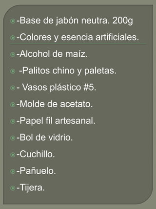 -Base de jabón neutra. 200g
-Colores y esencia artificiales.
-Alcohol de maíz.
 -Palitos chino y paletas.
- Vasos plástico #5.
-Molde de acetato.
-Papel fil artesanal.
-Bol de vidrio.
-Cuchillo.
-Pañuelo.
-Tijera.
 
