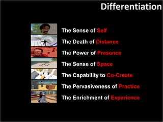 Slide:  The Sense of  Self The Death of  Distance The Power of  Presence The Sense of  Space The Capability to  Co-Create The Pervasiveness of  Practice The Enrichment of  Experience Differentiation 