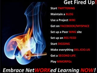 Get Fired Up ! Start  TWITTERING Maintain a  BLOG Use a Project  WIKI Get on  FACEBOOK/MYSPACE Set up a Peer  NING  site Set up an  RSS FEED Start  DIGGING Make everything  DEL.ICIO.US Get a  SECOND LIFE Play  MMORPGs Embrace Net WORK ed Learning  NOW ! 