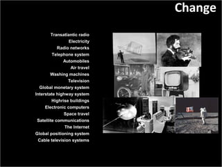 Slide:  Transatlantic radio Electricity Radio networks Telephone system Automobiles Air travel Washing machines Television Global monetary system Interstate highway system Highrise buildings Electronic computers Space travel Satellite communications The Internet Global positioning system Cable television systems Change 