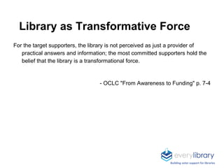 Library as Transformative Force
For the target supporters, the library is not perceived as just a provider of
practical an...