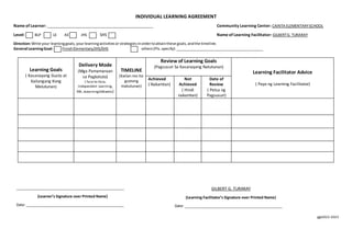 ggt2022-2023
INDIVIDUAL LEARNING AGREEMENT
Name of Learner: ____________________________________________________ Community Learning Center: CAINTA ELEMENTARYSCHOOL
Level: BLP LE AE JHS SHS Name of Learning Facilitator: GILBERTG. TURARAY
Direction:Write your learninggoals,yourlearningactivitiesor strategiesinordertoattainthese goals,andthe timeline.
General LearningGoal: FinishElementary/JHS/SHS others(Pls.specify):___________________________________________
Learning Goals
( Kasanayang Gusto at
Kailangang Kong
Matutunan)
Delivery Mode
(Mga Pamamaraan
sa Pagkatuto)
( face-to-face,
Independent Learning,
RBI, eLearning/eSkwela)
TIMELINE
(Kailan mo ito
gustong
matutunan)
Review of Learning Goals
(Pagsusuri Sa Kasanayang Natutunan)
Learning Facilitator Advice
( Payo ng Learning Facilitator)
Achieved
( Nakamtan)
Not
Achieved
( Hindi
nakamtan)
Date of
Review
( Petsa ng
Pagsusuri)
_____________________________________________________
(Learner’s Signature over Printed Name)
Date: ________________________________________________
GILBERT G. TURARAY
(Learning Facilitator’s Signature over Printed Name)
Date: ________________________________________________
 