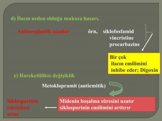 d) İlacın neden olduğu mukoza hasarı.
Antineoplastik ajanlar örn, siklofosfamid
vincristine
procarbazine
Bir çok
ilacın emilimini
inhibe eder; Digoxin
e) Hareketlilikte değişiklik
Metoklopramit (antiemitik)
Midenin boşalma süresini uzatır
siklosporinin emilimini arttırır
Siklosporinin
toksisitesi
artar
 