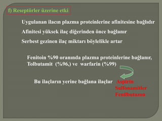 f) Reseptörler üzerine etki
Uygulanan ilacın plazma proteinlerine afinitesine bağlıdır
Afinitesi yüksek ilaç diğerinden önce bağlanır
Serbest gezinen ilaç miktarı böylelikle artar
Fenitoin %90 oranında plazma proteinlerine bağlanır,
Tolbutamit (%96,) ve warfarin (%99)
Bu ilaçların yerine bağlana ilaçlar Aspirin
Sulfonamitler
Fenilbutazon
 