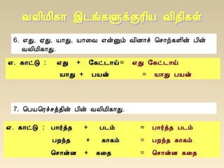 6. ±Ð, ²Ð, Â¡Ð, Â¡¨Å ±ýÛõ Å¢É¡î ¦º¡ü¸Ç¢ý À¢ý
ÅÄ¢Á¢¸¡Ð.
±. ¸¡ðÎ : ±Ð + §¸ð¼¡ö= ±Ð §¸ð¼¡ö
Â¡Ð + ÀÂý = Â¡Ð ÀÂý
7. ¦ÀÂ¦Ãîºò¾¢ý À¢ý ÅÄ¢Á¢¸¡Ð.
±. ¸¡ðÎ : À¡÷ò¾ + À¼õ = À¡÷ò¾ À¼õ
ÀÈó¾ + ¸¡¸õ = ÀÈó¾ ¸¡¸õ
¦º¡ýÉ + ¸¨¾ = ¦º¡ýÉ ¸¨¾
 