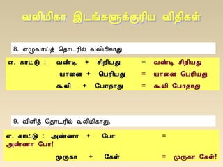 8. ±ØÅ¡öò ¦¾¡¼Ã¢ø ÅÄ¢Á¢¸¡Ð.
±. ¸¡ðÎ : ÅñÊ + º¢È¢ÂÐ = ÅñÊ º¢È¢ÂÐ
Â¡¨É + ¦ÀÃ¢ÂÐ = Â¡¨É ¦ÀÃ¢ÂÐ
ÜÄ¢ + §À¡¾¡Ð = ÜÄ¢ §À¡¾¡Ð
9. Å¢Ç¢ò ¦¾¡¼Ã¢ø ÅÄ¢Á¢¸¡Ð.
±. ¸¡ðÎ : «ñ½¡ + §À¡ =
«ñ½¡ §À¡!
ÓÕ¸¡ + §¸û = ÓÕ¸¡ §¸û!
 