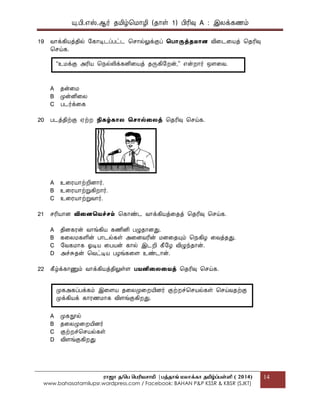 யு.பி.஋ஸ்.ஆர் தப௅ழ்மப௄ொழி (தொள் 1) பிரிவு A : இலக௃கணப௉
ராஜா த/பெ பெரியசாமி |ெத்தாங் மலாக்கா தமிழ்ப்ெள்ளி ( 2014)
www.bahasatamilupsr.wordpress.com / Facebook: BAHAN P&P KSSR & KBSR (SJKT)
14
19 வொக௃கிபொத௃தில் பகொடிடப௃பட்ட மசொல்லுக௃குப௃ தபொருத௃ைைொை விகடகபொத௃ மதரிவு
மசய்க.
A தன்கப௄
B பேன்னிகல
C படர்க௃கக
20 படத௃திற்கு ஌ற்ற த௅கழ்கொல தெொல்தலத௃ மதரிவு மசய்க.
A உகரபொொற்றிைொர்.
B உகரபொொற்றுகிறொர்.
C உகரபொொற்றுவொர்.
21 சரிபொொை விதைதைச்ெம் மகொண்ட வொக௃கிபொத௃கதத௃ மதரிவு மசய்க.
A திைகரன் வொங்கிபொ கணினி பழுதொைது.
B ககலப௄களின் பொடல்கள் அகைவரின் ப௄ைகதயுப௉ மத௄கிழ கவத௃தது.
C பவகப௄ொக ஏடிபொ கபபொன் கொல் இடறி கீபழ விழுந்தொன்.
D அச்சுதன் மவட்டிபொ பழங்ககை உண்டொன்.
22 கீழ்க௃கொணுப௉ வொக௃கிபொத௃திலுள்ை பைனிதலதைத௃ மதரிவு மசய்க.
A பேகநூல்
B தகலபேகறபோைர்
C குற்றச்மசபொல்கள்
D விைங்குகிறது
பேகஅகப௃பக௃கப௉ இகைபொ தகலபேகறபோைர் குற்றச்மசபொல்கள் மசய்வதற்கு
பேக௃கிபொக௃ கொரணப௄ொக விைங்குகிறது.
“உப௄க௃கு அரிபொ மத௄ல்லிக௃கனிகபொத௃ தருகிபறன்,” ஋ன்றொர் எைகவ.
 