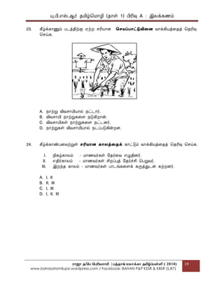 யு.பி.஋ஸ்.ஆர் தப௅ழ்மப௄ொழி (தொள் 1) பிரிவு A : இலக௃கணப௉
ராஜா த/பெ பெரியசாமி |ெத்தாங் மலாக்கா தமிழ்ப்ெள்ளி ( 2014)
www.bahasatamilupsr.wordpress.com / Facebook: BAHAN P&P KSSR & KBSR (SJKT)
19
23. கீழ்க௃கொணுப௉ படத௃திற்கு ஌ற்ற சரிபொொை தெைப்பொட்டுவிதை வொக௃கிபொத௃கதத௃ மதரிவு
மசய்க.
A. த௄ொற்று விவசொபோபொொல் த௄ட்டொர்.
B. விவசொபோ த௄ொற்றுககை த௄டுகிறொன்.
C. விவசொபோகள் த௄ொற்றுககை த௄ட்டைர்.
D. த௄ொற்றுகள் விவசொபோபொொல் த௄டப௃படுகின்றை.
24. கீழ்க௃கொண்பைவற்றுள் ெரிைொை கொலத௃தைக௃ கொட்டுப௉ வொக௃கிபொத௃கதத௃ மதரிவு மசய்க.
I. த௅கழ்கொலப௉ - ப௄ொணவர்கள் பதர்கவ ஋ழுதிைர்.
II. ஋திர்கொலப௉ - ப௄ொணவர்கள் சிறப௃புத௃ பதர்ச்சி மபறுவர்.
III. இறந்த கொலப௉ - ப௄ொணவர்கள் பொடங்ககைக௃ கருத௃துடன் கற்றைர்.
A. I, II
B. II, III
C. I, III
D. I, II, III
 