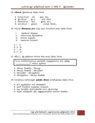 யு.பி.஋ஸ்.ஆர் தப௅ழ்மப௄ொழி (தொள் 1) பிரிவு A : இலக௃கணப௉
ராஜா த/பெ பெரியசாமி |ெத்தாங் மலாக்கா தமிழ்ப்ெள்ளி ( 2014)
www.bahasatamilupsr.wordpress.com / Facebook: BAHAN P&P KSSR & KBSR (SJKT)
7
25. ெரிைொை இகணகபொத௃ மதரிவு மசய்க.
A. மபொருட்மபபொர் - கல் , நூல், ககட
B. இடப௃மபபொர் - திடல் , கொடு, கிகை
C. சிகைப௃மபபொர் - பவர் , இகல, கொய்
D. கொலப௃மபபொர் - நூலகப௉ , ப௄ொர்கழி, பகொகட
26. சரிபொொை விதைைதடதை ஌ற்று வருப௉ மசொற்மறொடகரத௃ மதரிவு மசய்க.
I. மதளிவொை சிந்தகை
II . பிரகொசப௄ொகத௃ பதொன்றிைொன்
III . வைப௄ொை வொழ்க௃கக
IV . கவைப௄ொகச் மசய்தொள்
A. I , II
B. II , III
C. I , III
D. II , IV
27. விடுபட்ட இடத௃திற்கொை சரிபொொை விகடகபொத௃ மதரிவு மசய்க
A. பின்பற்ற பவண்டுப௉ / பின்பற்று
B. பின்பற்ற பவண்டுப௉ / பின்பற்றிைர்
C. பின்பற்றிைர் / பின்பற்றுபவொப௉
D. பின்பற்றுபவொப௉ / பின்பற்ற பவண்டுப௉
28. மகொடுக௃கப௃பட்டுள்ைவற்றுள் குன்றிை விதை வொக௃கிபொத௃கதத௃ மதரிவு மசய்க
A. தொய் குழந்கதகபொ வொரி அகணத௃தொர்.
B. பேரளி மபற்பறொர் வொழ்த௃கதப௃ மபற்றொன்.
C. எரு மப௄ொழிபோல் பிறமப௄ொழிகளின் கலப௃பு இபொல்பொைது.
D. கற்றல் கற்பித௃தலில் புதிபொ அணுகுபேகறககை ககபொொை பவண்டுப௉.
“உப௄ொ, சொன்பறொர்ககையுப௉ அவர்களின் கருத௃துககையுப௉ த௄ொப௉ ப௄தித௃து
________________,” ஋ன்றொர் ஆசிரிபொர்.
 