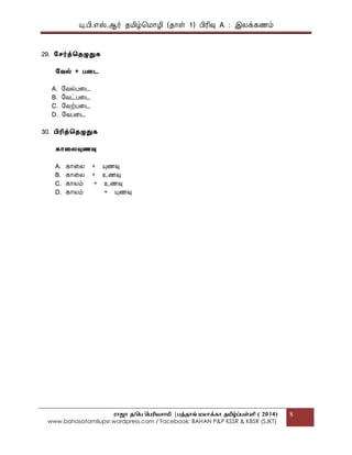 யு.பி.஋ஸ்.ஆர் தப௅ழ்மப௄ொழி (தொள் 1) பிரிவு A : இலக௃கணப௉
ராஜா த/பெ பெரியசாமி |ெத்தாங் மலாக்கா தமிழ்ப்ெள்ளி ( 2014)
www.bahasatamilupsr.wordpress.com / Facebook: BAHAN P&P KSSR & KBSR (SJKT)
8
29. கெர்த௃தைழுதுக
கவல் + பதட
A. பவல்பகட
B. பவட்பகட
C. பவற்பகட
D. பவபகட
30. பிரித௃தைழுதுக
கொதலயுணவு
A. கொகல + யுணவு
B. கொகல + உணவு
C. கொலப௉ + உணவு
D. கொலப௉ + யுணவு
 
