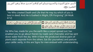 "He Who created Death and Life that He may try which of you is
best in deed: And He is Exalted in Might, Oft-Forgiving" [Al-Mulk
67:2]
He Who has, made for you the earth like a carpet spread out; has
enabled you to go about therein by roads (and channels); and has sent
down water from the sky. With it have We produced diverse pairs of
plants each separate from the others. Eat (for yourselves) and pasture
your cattle: verily, in this are Signs for men endued with understanding.
 