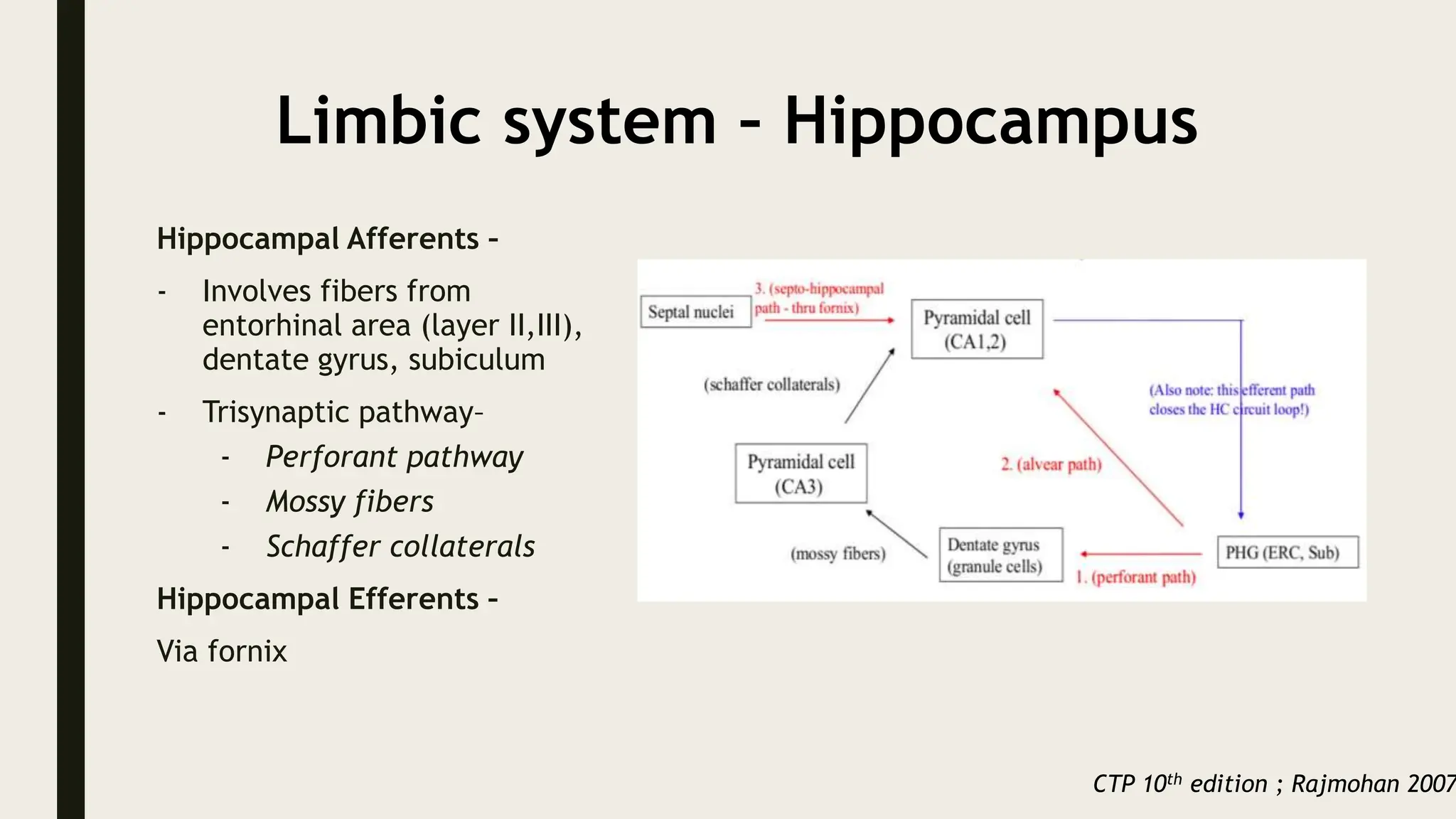 Limbic system – Hippocampus
Hippocampal Afferents –
- Involves fibers from
entorhinal area (layer II,III),
dentate gyrus, subiculum
- Trisynaptic pathway–
- Perforant pathway
- Mossy fibers
- Schaffer collaterals
Hippocampal Efferents –
Via fornix
CTP 10th edition ; Rajmohan 2007
 