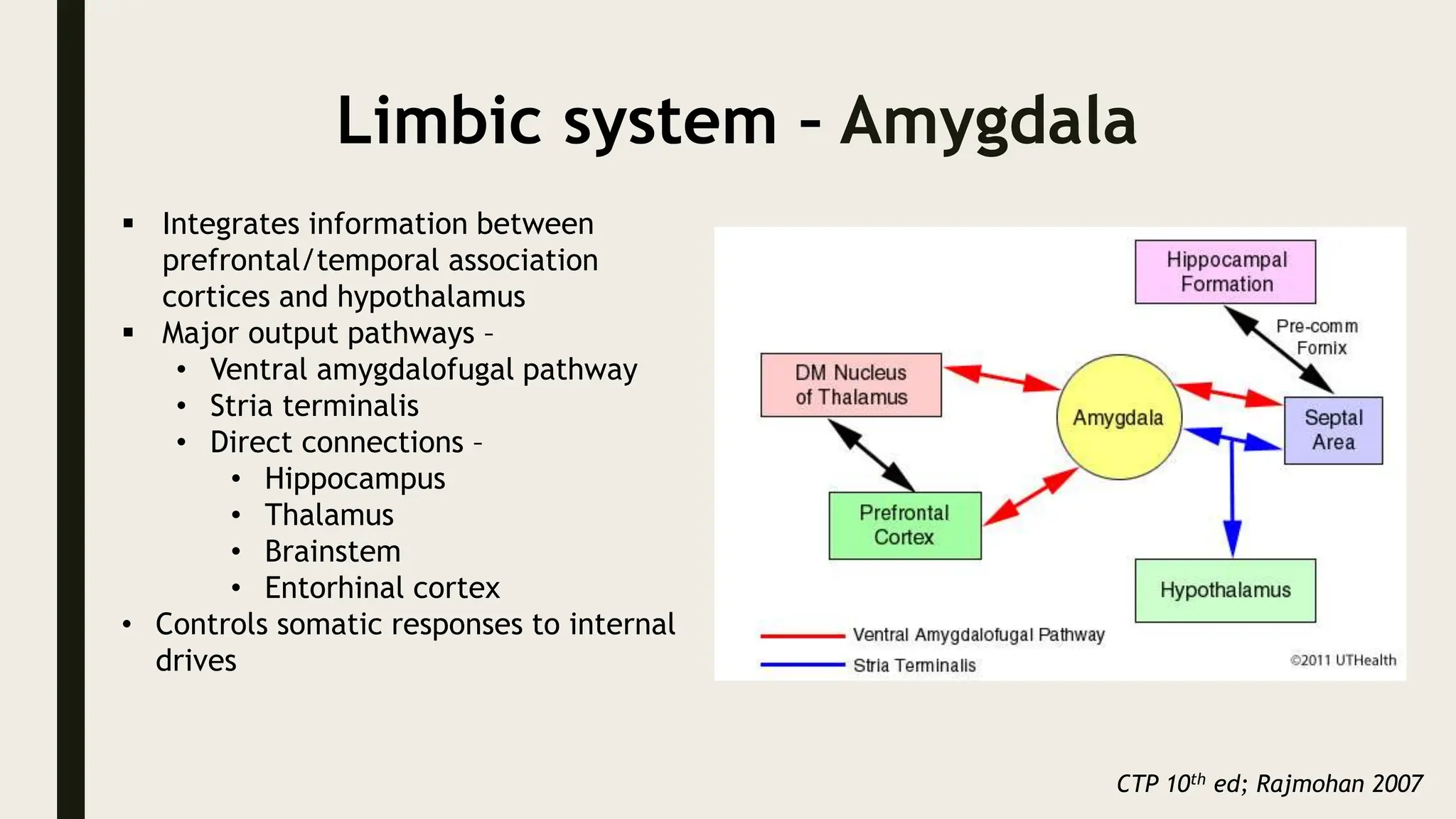 Limbic system – Amygdala
 Integrates information between
prefrontal/temporal association
cortices and hypothalamus
 Major output pathways –
• Ventral amygdalofugal pathway
• Stria terminalis
• Direct connections –
• Hippocampus
• Thalamus
• Brainstem
• Entorhinal cortex
• Controls somatic responses to internal
drives
CTP 10th ed; Rajmohan 2007
 