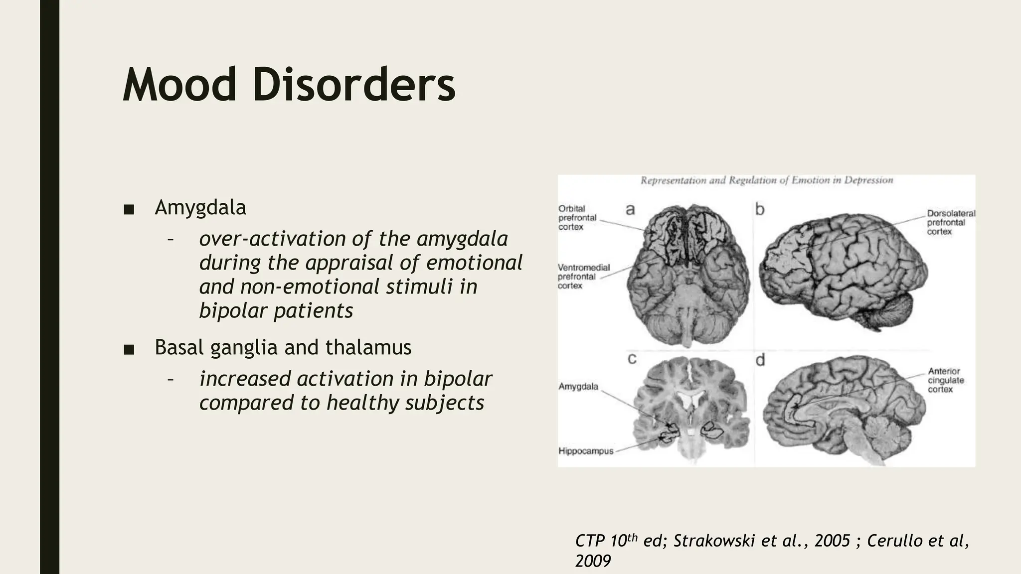 Mood Disorders
■ Amygdala
– over-activation of the amygdala
during the appraisal of emotional
and non-emotional stimuli in
bipolar patients
■ Basal ganglia and thalamus
– increased activation in bipolar
compared to healthy subjects
CTP 10th ed; Strakowski et al., 2005 ; Cerullo et al,
2009
 