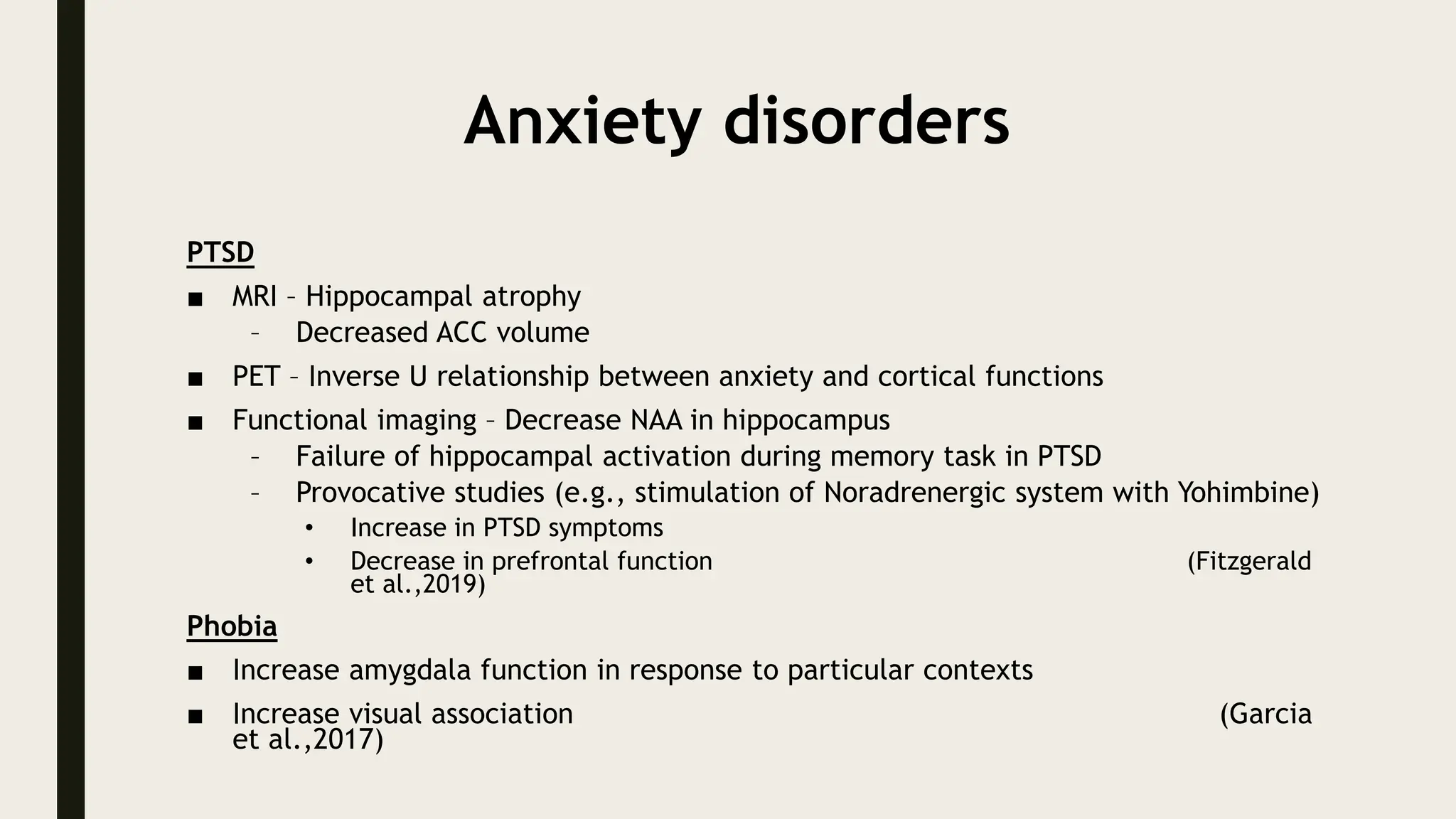 Anxiety disorders
PTSD
■ MRI – Hippocampal atrophy
– Decreased ACC volume
■ PET – Inverse U relationship between anxiety and cortical functions
■ Functional imaging – Decrease NAA in hippocampus
– Failure of hippocampal activation during memory task in PTSD
– Provocative studies (e.g., stimulation of Noradrenergic system with Yohimbine)
• Increase in PTSD symptoms
• Decrease in prefrontal function (Fitzgerald
et al.,2019)
Phobia
■ Increase amygdala function in response to particular contexts
■ Increase visual association (Garcia
et al.,2017)
 