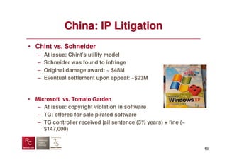 China: IP Litigation
• Chint vs. Schneider
   –   At issue: Chint’s utility model
   –   Schneider was found to infringe
   –   Original damage award: ~ $48M
   –   Eventual settlement upon appeal: ~$23M


• Microsoft vs. Tomato Garden
   – At issue: copyright violation in software
   – TG: offered for sale pirated software
   – TG controller received jail sentence (3½ years) + fine (~
     $147,000)


                                                                 19
 