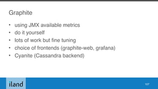 Graphite
• using JMX available metrics
• do it yourself
• lots of work but fine tuning
• choice of frontends (graphite-web, grafana)
• Cyanite (Cassandra backend)
107
 