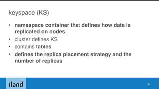 keyspace (KS)
• namespace container that defines how data is
replicated on nodes
• cluster defines KS
• contains tables
• defines the replica placement strategy and the
number of replicas
24
 