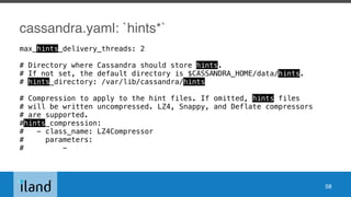 cassandra.yaml: `hints*`
max_hints_delivery_threads: 2
# Directory where Cassandra should store hints.
# If not set, the default directory is $CASSANDRA_HOME/data/hints.
# hints_directory: /var/lib/cassandra/hints
# Compression to apply to the hint files. If omitted, hints files
# will be written uncompressed. LZ4, Snappy, and Deflate compressors
# are supported.
#hints_compression:
# - class_name: LZ4Compressor
# parameters:
# -
58
 