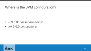 Where is the JVM configuration?
• < 3.0.0: cassandra-env.sh
• >= 3.0.0: jvm.options
65
 