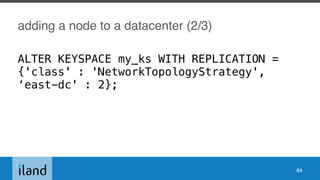 adding a node to a datacenter (2/3)
84
ALTER KEYSPACE my_ks WITH REPLICATION =
{'class' : 'NetworkTopologyStrategy',
‘east-dc' : 2};
 
