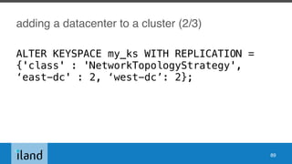 adding a datacenter to a cluster (2/3)
89
ALTER KEYSPACE my_ks WITH REPLICATION =
{'class' : 'NetworkTopologyStrategy',
‘east-dc' : 2, ‘west-dc’: 2};
 