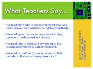 What Teachers Say...
• We need more time to discover; discover new Web
 tools, discover new websites, new delivery methods.




                                                       EdTech Toolbox (4-30-2011) 8
• We need opportunities for innovative learning




                                                       Ways to Support Teachers
 projects to be discussed and planned.




                                                       Integrate Technology
• We need time to assimilate new concepts, like
 student involvement in unit development.

• We need to continue to develop resources that
 introduce effective technology to our staff.
 