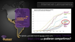 “El desarrollo de
infraestructura es
indispensable para los
países. Antes éste se
centraba en carreteras,
aeropuertos, etc. pero hoy
en día debe ser en
conectividad”.
(Estudio de los beneficios de
incrementar la banda ancha en
Mx.) –Política Digital.
http://www.politicadigital.com.mx/?P=leernoti
          cia&Article=2735 )




         Por ejemplo ¿qué están haciendo tan bien países como Uruguay,    Colombia,
                                          Brasil y Chile que pudieran compartirnos?
 