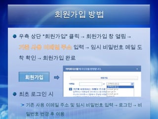회원가입 방법

우측 상단 “회원가입” 클릭 → 회원가입 창 열림 →

               입력 → 임시 비밀번호 메일 도

착 확인 → 회원가입 완료




최초 로그인 시
 기존 사용 이메일 주소 및 임시 비밀번호 입력 → 로그인 → 비

 밀번호 변경 후 이용
 