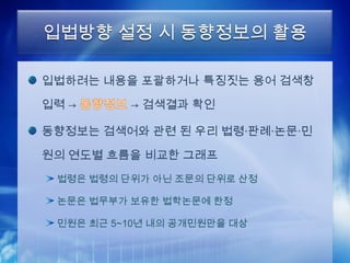 입법방향 설정 시 동향정보의 활용

입법하려는 내용을 포괄하거나 특징짓는 용어 검색창

입력 →      → 검색결과 확인

동향정보는 검색어와 관련 된 우리 법령·판례·논문·민

원의 연도별 흐름을 비교한 그래프
 법령은 법령의 단위가 아닌 조문의 단위로 산정

 논문은 법무부가 보유한 법학논문에 한정

 민원은 최근 5~10년 내의 공개민원만을 대상
 