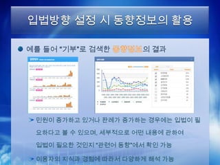 입법방향 설정 시 동향정보의 활용

예를 들어 “기부”로 검색한       의 결과




 민원이 증가하고 있거나 판례가 증가하는 경우에는 입법이 필

 요하다고 볼 수 있으며, 세부적으로 어떤 내용에 관하여

 입법이 필요한 것인지 “관련어 동향”에서 확인 가능

 이용자의 지식과 경험에 따라서 다양하게 해석 가능
 