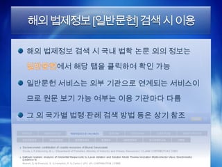 해외 법제정보 [일반문헌] 검색 시 이용

해외 법제정보 검색 시 국내 법학 논문 외의 정보는

     에서 해당 탭을 클릭하여 확인 가능

일반문헌 서비스는 외부 기관으로 연계되는 서비스이

므로 원문 보기 가능 여부는 이용 기관마다 다름

그 외 국가별 법령·판례 검색 방법 등은 상기 참조
 