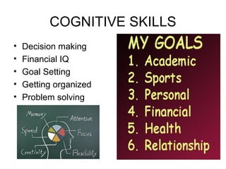 COGNITIVE SKILLS
• Decision making
• Financial IQ
• Goal Setting
• Getting organized
• Problem solving
 