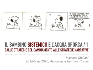 IL BAMBINO SISTEMICO E L’ACQUA SPORCA / 1
Massimo Giuliani
20 febbraio 2016, Associazione Episteme, Torino
DALLE STRATEGIE DEL CAMBIAMENTO ALLE STRATEGIE NARRATIVE
 