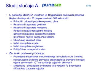Studij slučaja A:                                                         (2/5)



• U području kSCADA utvrđeno je 10 globalnih poslovnih procesa
  (koji obuhvaćaju oko 20 potprocesa i oko 160 aktivnosti):
   –   Prikupiti i prikazati podatke o protoku plina
   –   Rezervirati kapacitete godišnje
   –   Rezervirati kapacitete mjesečno
   –   Redovito najaviti transportne količine
   –   Izmijeniti najavljene transportne količine
   –   Izvanredno najaviti transportne količine
   –   Obračunati transport plina
   –   Izdati energetske uvjete
   –   Izdati energetsku suglasnost
   –   Priključiti na transportni sustav
• Za svaki poslovni proces je:
   – Provedeno modeliranje, dokumentiranje i simulacija u As Is obliku,
   – Konsenzusom utvrđene provedive organizacijske promjene i mogući
     utjecaj suvremenih ICT na odvijanje pojedinih aktivnosti.
   – Modelirano i simulacijom evaluirano više varijanti To Be procesa
     (What If) te izabrana najbolja.
 