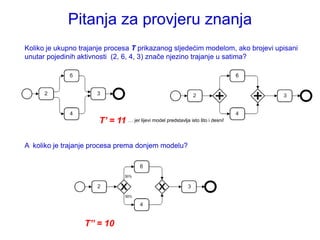 Pitanja za provjeru znanja
Koliko je ukupno trajanje procesa T prikazanog sljedećim modelom, ako brojevi upisani
unutar pojedinih aktivnosti (2, 6, 4, 3) znače njezino trajanje u satima?




                       T’ = 11 … jer lijevi model predstavlja isto što i desni!

A koliko je trajanje procesa prema donjem modelu?




                  T’’ = 10
 