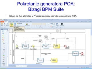 Pokretanje generatora POA:
                 Bizagi BPM Suite
•   Klikom na Run Workflow u Process Modeleru pokreće se generiranje POA.
 