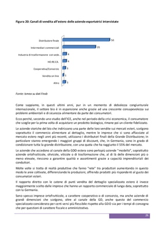 26
Figura 20: Canali di vendita all’estero delle aziende esportatrici intervistate
Altro
Vendita on line
Cooperativa/Consorzio
HO.RE.CA.
Industria di trasformazione con sede…
Intermediari commerciali
Distributore finale
3
1
3
4
4
35
50
Fonte: Ismea su dati Firab
Come sappiamo, in questi ultimi anni, pur in un momento di debolezza congiunturale
internazionale, il settore bio è in espansione anche grazie ad una crescente consapevolezza sui
problemi ambientali e di sicurezza alimentare da parte dei consumatori.
Ecco perché, secondo uno studio dell’ICE, anche nel periodo della crisi economica, il consumatore
che sceglie per la prima volta di acquistare un prodotto biologico, rimane poi un cliente fidelizzato.
Le aziende storiche del bio che indirizzano una parte delle loro vendite sui mercati esteri, scelgono
soprattutto il commercio alimentare al dettaglio, mentre le imprese che si sono affacciate al
mercato estero negli anni più recenti, utilizzano i distributori finali della Grande Distribuzione; in
particolare stanno emergendo i maggiori gruppi di discount, che, in Germania, sono in grado di
condizionare tutta la grande distribuzione, con una quota che ha raggiunto il 55% del mercato.
Le aziende che accedono al canale della GDO estera sono perlopiù aziende “modello”, soprattutto
aziende ortofrutticole, olivicole, viticole o di trasformazione che, al di là delle dimensioni più o
meno elevate, riescono a garantire qualità e assortimenti grazie a capacità imprenditoriali dei
conduttori.
Molte volte si tratta di realtà produttive che fanno “rete” tra produttori aumentando in questo
modo le aree coltivate, differenziando le produzioni, offrendo prodotti più rispondenti al gusto dei
consumatori esteri.
Il rapporto diretto con le catene di punti vendita del dettaglio specializzato estero è invece
maggiormente scelto dalle imprese che hanno un rapporto commerciale di lunga data, soprattutto
con la Germania.
Sono spesso imprese ortofrutticole, a carattere cooperativo o di consorzio, ma anche aziende di
grandi dimensioni che scelgono, oltre al canale della GD, anche questo del commercio
specializzato considerato per certi versi più flessibile rispetto alla GDO sia per i tempi di consegna
che per questioni di carattere fiscale e amministrativo.
 