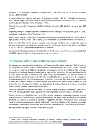 38
Di questi, 1.351 sono presso aziende agricole (contro i 1.280 del 2010) e 1.184 presso agriturismi
(erano 1.141 nel 2010).
A trainare la crescita sono però gli spacci delle aziende agricole, saliti del 120% negli ultimi cinque
anni, mentre negli agriturismi, dove la vendita diretta copre già l’88% delle realtà, lo spazio di
sviluppo è più ridotto ed il ritmo dimezzato (+60%).
Al nord si trovano 1.179 operatori (46,5% del totale), al centro 718 (28,3%), tra sud e isole 638
(25,2%).
Al primo posto per numero assoluto si conferma l’Emilia-Romagna con 391 realtà, pari al 15,4%,
seguita da Toscana con 335 e Veneto con 255.
Rapportando gli spacci ai residenti troviamo al primo posto per densità le Marche con 11,6 spacci
ogni 100.000 abitanti, poi da Umbria con 10,4 e Toscana con 8,9, contro la media nazionale di 4,2.
Sulla scia della filiera corta sono in crescita anche i gruppi d’offerta che consegnano frutta e
verdura a domicilio, ma anche altri prodotti freschi e trasformati. Sono infatti passati dai 28 del
2010 ai 33 del 2011, secondo quanto rilevato da Biobank.
La vendita diretta continua la sua marcia (+16% nel 2011), anche se a ritmo meno sostenuto (+25%
nel 2010), slittando dal terzo al quinto posto come incremento.
5.3 Indagine sulla vendita diretta di prodotti biologici
Per svolgere un maggiore approfondimento sull’argomento, l’Ismea ha incaricato l’Aiab di svolgere
un’ indagine sulla vendita diretta – realizzata nella primavera/estate del 2011 – che ha coinvolto
un campione ragionato di 362 aziende agricole che svolgono attività di vendita diretta, nelle sue
diverse forme: dalla vendita diretta aziendale al mercato del contadino, dai punti vendita collettivi
ai GAS, dalle consegne a domicilio alle sagre locali, dall’e-commerce alla raccolta diretta in
azienda, attraverso la realizzazione di interviste approfondite che hanno consentito di raccogliere,
relativamente al 2010, informazioni di natura economico strutturale delle aziende ed approfondire
il tema della vendita diretta, sia relativamente alle modalità di vendita diretta scelte, sia alle
dinamiche che interessano il settore, sia agli scenari di sviluppo futuro previsti per la vendita
diretta, sino ai vantaggi concreti per i consumatori.
I risultati sono stati pubblicati dall’Ismea sull’ultimo Report economico finanziario7
, dedicato ai
“Prodotti biologici, prodotti Dop e Igp, posizionamento prodotti a denominazione presso Gdo”.
Quello che è emerso dall’indagine è che la filiera diretta può essere una valida risposta a percorsi
alternativi di sbocco finalizzati sia a ridurre l’incremento dei prezzi lungo la catena distributiva del
prodotto, sia a ridurre la presenza di squilibri nei rapporti di scambio, sia nel voler creare un nuovo
modello di sviluppo basato sul rispetto ambientale, sulla diversificazione dei processi produttivi,
sulla sinergia tra biologico e naturalità, tra tradizione e innovazione, tra consumatori e produttori.
Ma vediamo nel dettaglio i risultati salienti dell’indagine.
7
ISMEA (2012) - Report economico finanziario IV volume: Prodotti biologici, prodotti Dop e Igp,
posizionamento prodotti a denominazione presso Gdo. Ipsoa.Marzo 2012.
 