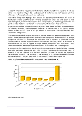 39
Le aziende intervistate svolgono prevalentemente attività di produzione vegetale, il 42% del
totale, come riportato in figura 22, e un terzo quella di trasformazione; molti operatori, inoltre,
coltivano e trasformano in azienda ciò che producono.
Tale dato si spiega nella tipologia delle aziende che operano prevalentemente nel canale di
distribuzione diretto (produttore-consumatore), caratterizzato anche da tanti piccoli e medi
produttori agricoli, recentemente indeboliti dalla crisi economica, in modo maggiore rispetto alle
grandi aziende, che hanno trovato nella vendita diretta un forte mezzo di sostentamento.
In questi casi, si tratta di agricoltura biologica di piccola scala, dimensionata sul lavoro contadino e
sull’economia familiare, prevalentemente orientata all’autoconsumo e alla vendita diretta,
fondata peraltro su una scelta di vita più attenta ai valori della tutela dell’ambiente, della
solidarietà e della giustizia.
O ancora le molte aziende agricole biologiche di maggiori dimensioni che hanno annesso alla parte
agricola anche quella dell’agriturismo dove in cucina si preparano e servono piatti di prodotti
biologici del loro orto e la loro carne bio. Molti altri, oltre all’ospitalità in agriturismo o come
fattorie didattiche o come cooperative sociali che svolgono, tra l’altro, attività di recupero e di
riabilitazione per una serie di soggetti più fragili e deboli, hanno visto nella pluri-attività l’unico
strumento adatto per mantenere la vitalità economica e sociale delle loro aziende agricole.
Se analizziamo i dati solo dal punto di vista della distribuzione di frequenza delle aziende campione
nelle classi di fatturato, emerge che, nel 2010, il 52% delle aziende dichiara un fatturato entro i 20
mila euro, il 39% non superiore ai 50 mila euro, mentre il 23% oltre i 50 mila ma non superiori ai
100 mila annui, il 26% tra i 100 mila euro e i 200 mila euro, il 7% si colloca nella fascia superiore,
tra i 200 mila euro e i 300 mila euro, infine, il 34% supera i 300 mila annui (figura 24).
Figura 24: Distribuzione delle aziende campione per classi di fatturato (%)
0
50
100
150
200
N.Aziende
Classi di fatturato
Fonte: Ismea su dati Aiab
 