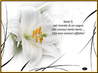 Sarai lì,  nel ricordo di un sogno  che conosci tanto bene …  Che non conosci affatto!  