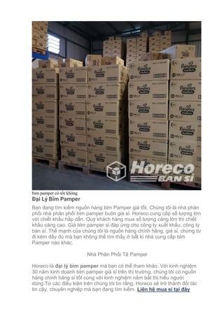 bỉm pamper có tốt không
Đại Lý Bỉm Pamper
Bạn đang tìm kiếm nguồn hàng bỉm Pamper giá tốt. Chúng tôi là nhà phân
phối nhà phân phối bỉm pamper buôn giá sỉ. Horeco cung cấp số lượng lớn
với chiết khấu hấp dẫn. Quý khách hàng mua số lượng càng lớn thì chiết
khấu càng cao. Giá bỉm pamper sỉ đáp ứng cho công ty xuất khẩu, công ty
bán sỉ. Thế mạnh của chúng tôi là nguồn hàng chính hãng, giá sỉ, chứng từ
đi kèm đầy đủ mà bạn không thể tìm thấy ở bất kì nhà cung cấp bỉm
Pamper nào khác.
Nhà Phân Phối Tã Pamper
Horeco là đại lý bỉm pamper mà bạn có thể tham khảo. Với kinh nghiệm
30 năm kinh doanh bỉm pamper giá sỉ trên thị trường, chúng tôi có nguồn
hàng chính hãng sỉ tốt cùng với kinh nghiệm nắm bắt thị hiếu người
dùng.Từ các điều kiện trên chúng tôi tin rằng, Horeco sẽ trở thành đối tác
tin cậy, chuyên nghiệp mà bạn đang tìm kiếm. Liên hệ mua sỉ tại đây
 