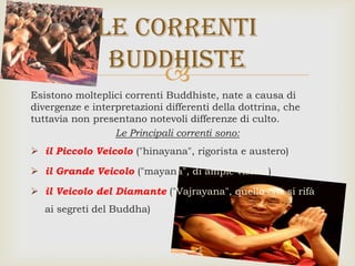 
Esistono molteplici correnti Buddhiste, nate a causa di
divergenze e interpretazioni differenti della dottrina, che
tuttavia non presentano notevoli differenze di culto.
Le Principali correnti sono:
 il Piccolo Veicolo ("hinayana", rigorista e austero)
 il Grande Veicolo ("mayana", di ampie visioni)
 il Veicolo del Diamante ("Vajrayana", quello che si rifà
ai segreti del Buddha)
Le correnti
buddhiste
 